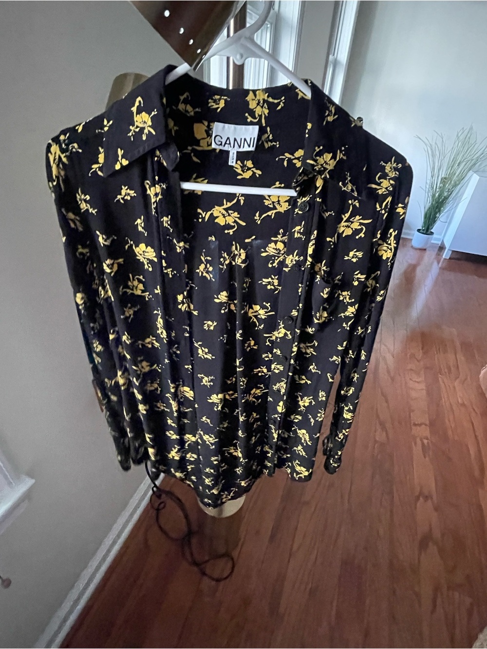 GANNI's Women's Black Button-Down Shirt with Yellow Floral Print